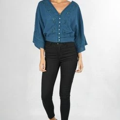 Love Stitch The Tasha Teal Eyelet Embroidered Top