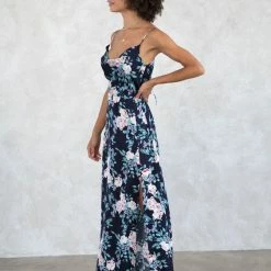 Love Stitch The Nadine Navy & Lilac Floral Satin Maxi Dress
