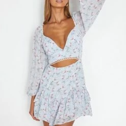 One & Only Collection The Becca Blue Floral Balloon Sleeve Cutout Mini Dress