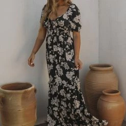 Love Stitch The Bianca Black & Natural Floral Print Maxi Dress