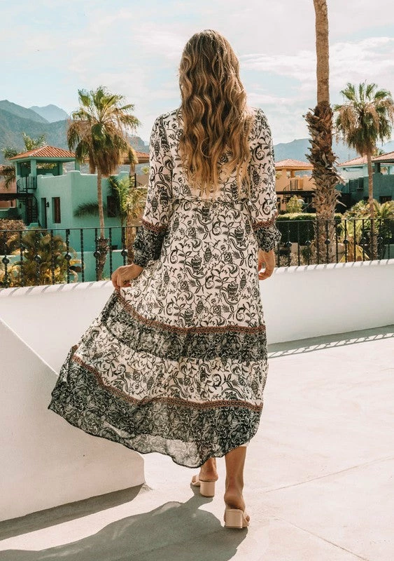 Love Stitch The Nicole Bohemian Ivory & Black Floral Maxi Dress