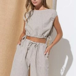 In The Beginning Clothing The Bordesonno Beige Crop Top With Boat Neck Tops