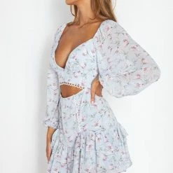 One & Only Collection The Becca Blue Floral Balloon Sleeve Cutout Mini Dress