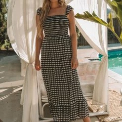 Love Stitch The Greta Black & White Gingham Smocked Maxi Dress