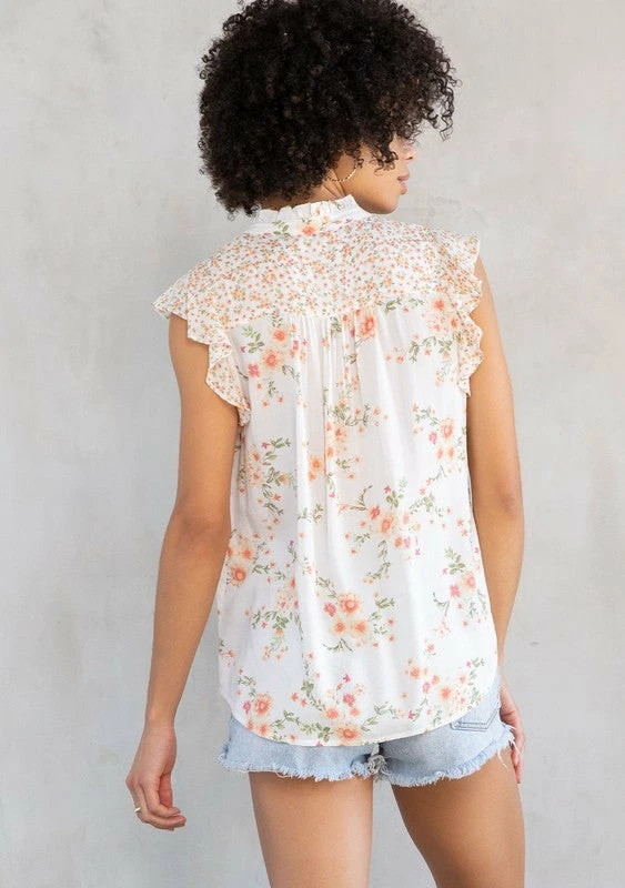 Love Stitch The Camille Peach Challis Floral Flutter Top