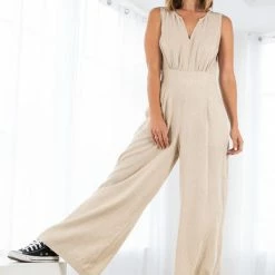 Love Stitch The Lorrie Linen Blend Blue Wide Leg Jumpsuit Jumpsuits