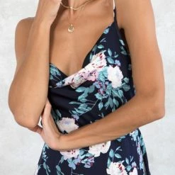 Love Stitch The Nadine Navy & Lilac Floral Satin Maxi Dress