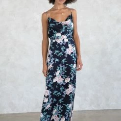 Love Stitch The Nadine Navy & Lilac Floral Satin Maxi Dress