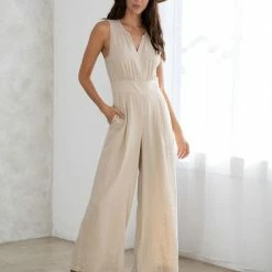 Love Stitch The Lorrie Linen Blend Blue Wide Leg Jumpsuit Jumpsuits