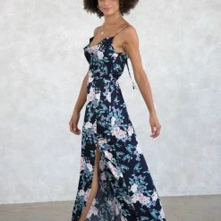 Love Stitch The Nadine Navy & Lilac Floral Satin Maxi Dress