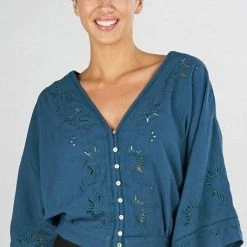 Love Stitch The Tasha Teal Eyelet Embroidered Top