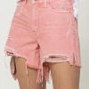 Vervet The Hayley High Rise Washed Pink Denim Frayed Hem Shorts