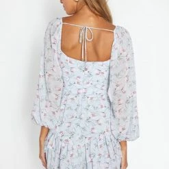 One & Only Collection The Becca Blue Floral Balloon Sleeve Cutout Mini Dress