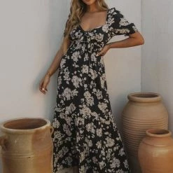 Love Stitch The Bianca Black & Natural Floral Print Maxi Dress