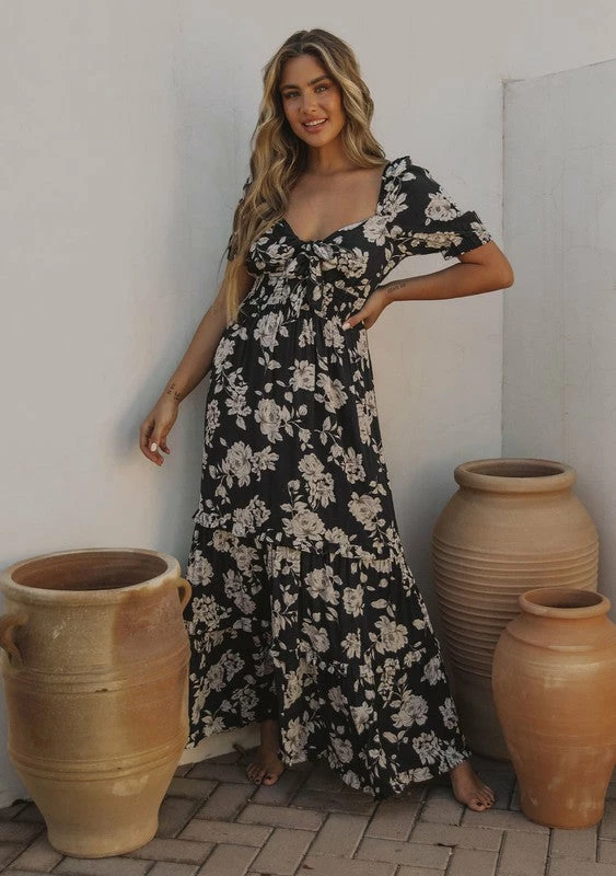 Love Stitch The Bianca Black & Natural Floral Print Maxi Dress