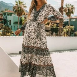 Love Stitch The Nicole Bohemian Ivory & Black Floral Maxi Dress