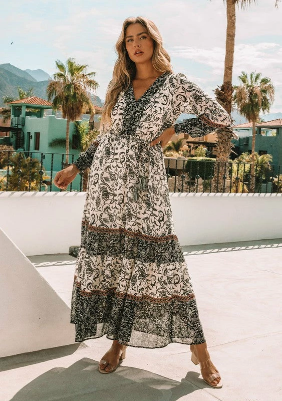 Love Stitch The Nicole Bohemian Ivory & Black Floral Maxi Dress