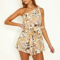 One & Only Collection The Marla Mocha Floral One Shoulder Romper Rompers