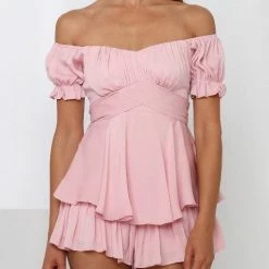 One & Only Collection The Misty Blush Off The Shoulder Mini Romper Shorts