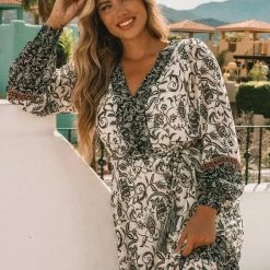 Love Stitch The Nicole Bohemian Ivory & Black Floral Maxi Dress