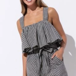 In The Beginning Clothing Tops The San Clemente Striped Ruffle Crop