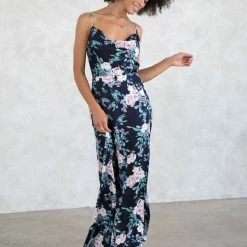 Love Stitch The Nadine Navy & Lilac Floral Satin Maxi Dress