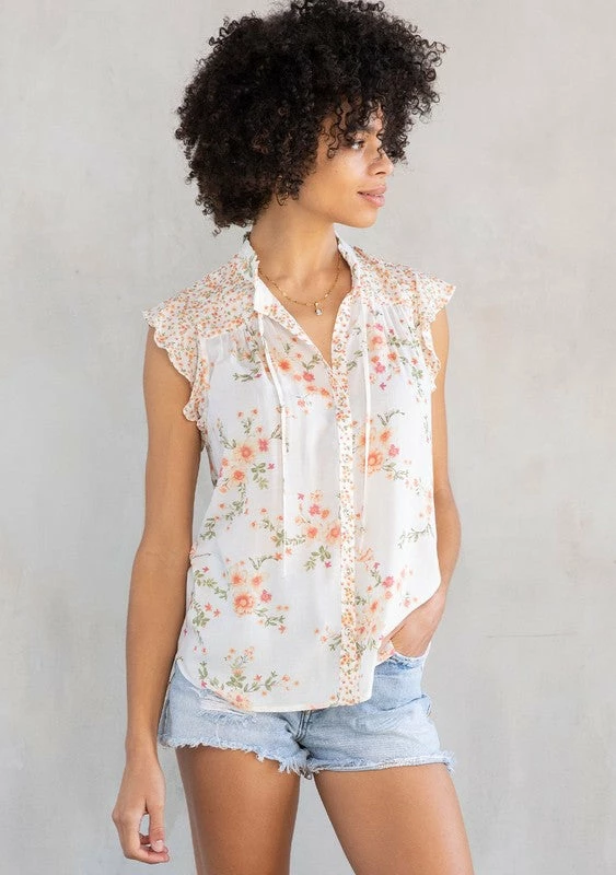 Love Stitch The Camille Peach Challis Floral Flutter Top