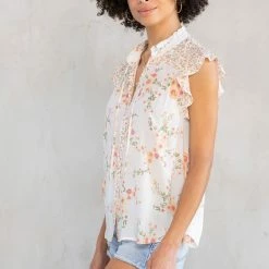 Love Stitch The Camille Peach Challis Floral Flutter Top
