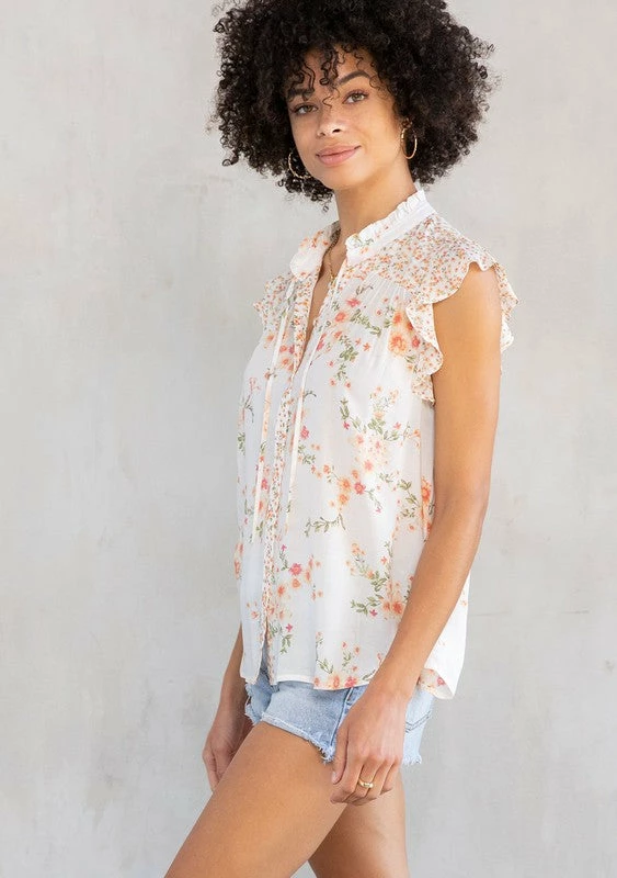 Love Stitch The Camille Peach Challis Floral Flutter Top