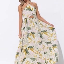 In The Beginning Clothing The Take Me To The Tropics Palm Printed Halter Maxi Dress Dresses