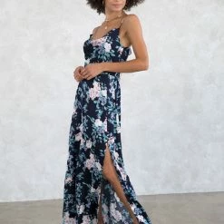 Love Stitch The Nadine Navy & Lilac Floral Satin Maxi Dress