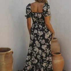 Love Stitch The Bianca Black & Natural Floral Print Maxi Dress
