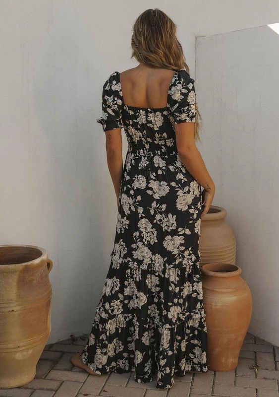 Love Stitch The Bianca Black & Natural Floral Print Maxi Dress