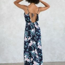 Love Stitch The Nadine Navy & Lilac Floral Satin Maxi Dress