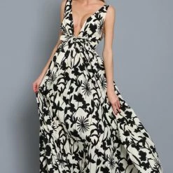 Aakaa Dresses The Ballagio Black Floral Deep Plunge Maxi Dress