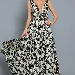 Aakaa Dresses The Ballagio Black Floral Deep Plunge Maxi Dress