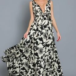 Aakaa Dresses The Ballagio Black Floral Deep Plunge Maxi Dress