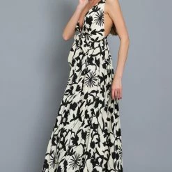 Aakaa Dresses The Ballagio Black Floral Deep Plunge Maxi Dress