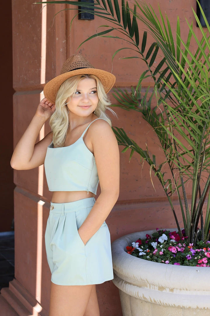 Le Lis The Garcelle Sage Green Pleated Shorts