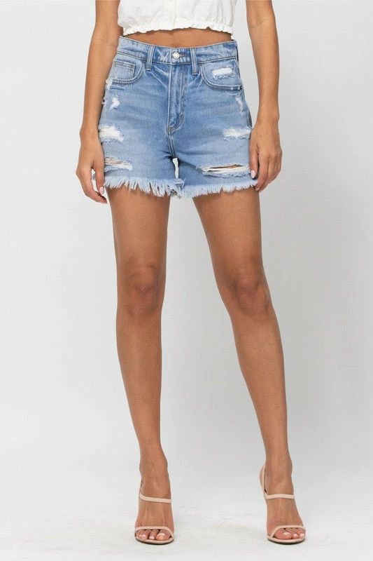 Cello The Logan High-Rise Frayed Hem Mom Shorts