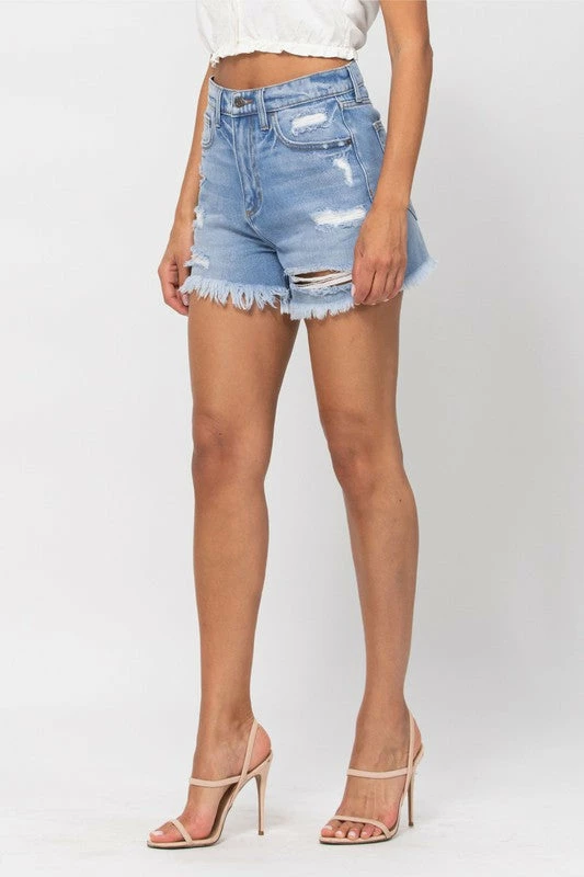 Cello The Logan High-Rise Frayed Hem Mom Shorts