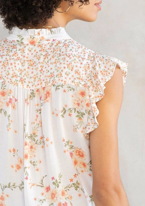 Love Stitch The Camille Peach Challis Floral Flutter Top