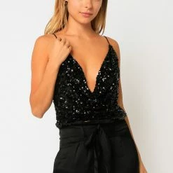 Olivaceous Tops The Staci Sequin Cowl Neck Cropped Tank Top