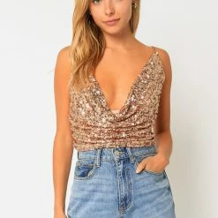 Olivaceous Tops The Staci Sequin Cowl Neck Cropped Tank Top