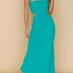 One & Only Collection The Positano Sea Blue Satin Cowl Neck Slip Dress