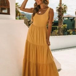 Love Stitch Dresses The Hello Honey Linen Tiered Maxi Dress