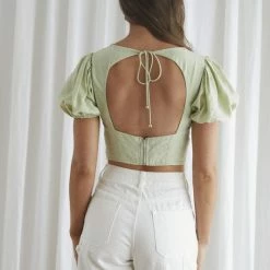 One & Only Collection Tops The Mory Matcha Puff Sleeve Embroidered Crop Top