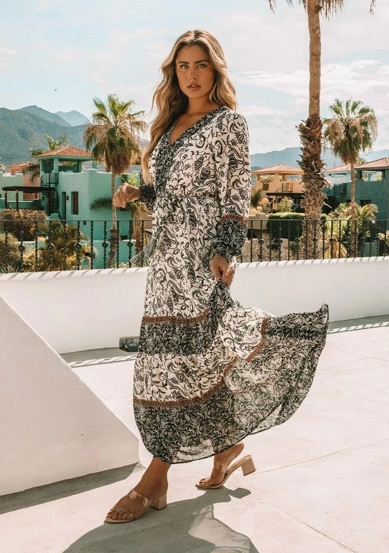 Love Stitch The Nicole Bohemian Ivory & Black Floral Maxi Dress