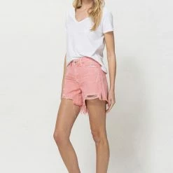 Vervet The Hayley High Rise Washed Pink Denim Frayed Hem Shorts