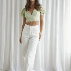 One & Only Collection Tops The Mory Matcha Puff Sleeve Embroidered Crop Top